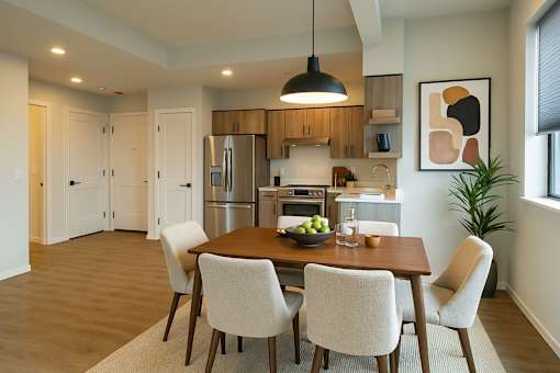 A modern kitchen with a dining table and chairs.