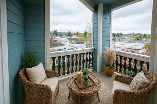 A balcony with a wicker chair, a sofa, a table and a potted plant.