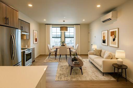 A modern kitchen with a dining area and a living room.