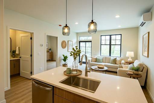 A modern kitchen with a dining area in the background.