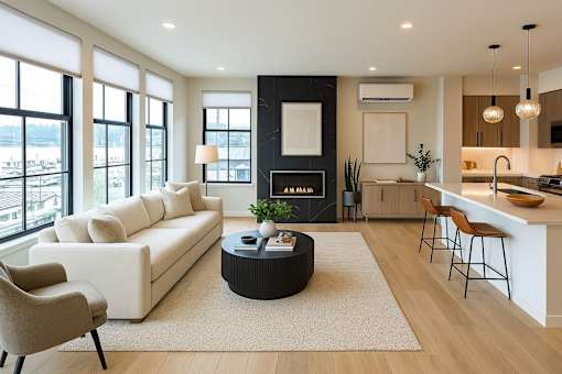 A modern living room with a fireplace and a kitchen area.