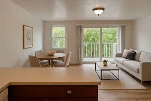 A kitchen with a table and chairs in the middle of the room.