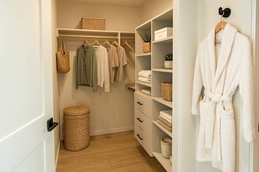 A white bathroom with a white robe hanging up.