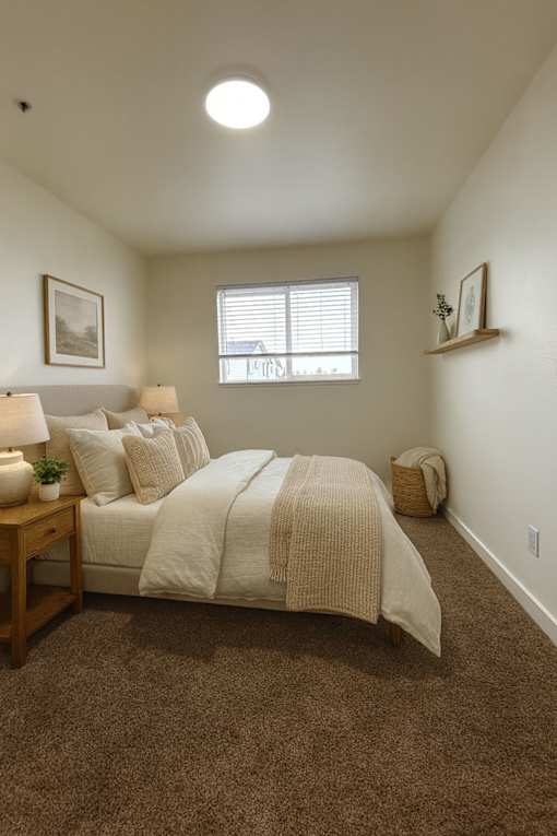 A bedroom with a bed, nightstand, and window.