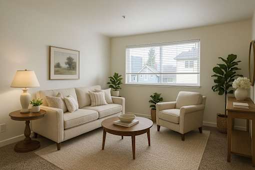 A living room with a couch, chair, and table.