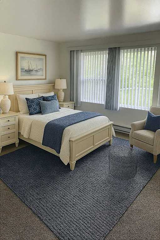 A bedroom with a bed, chair, and a painting on the wall.