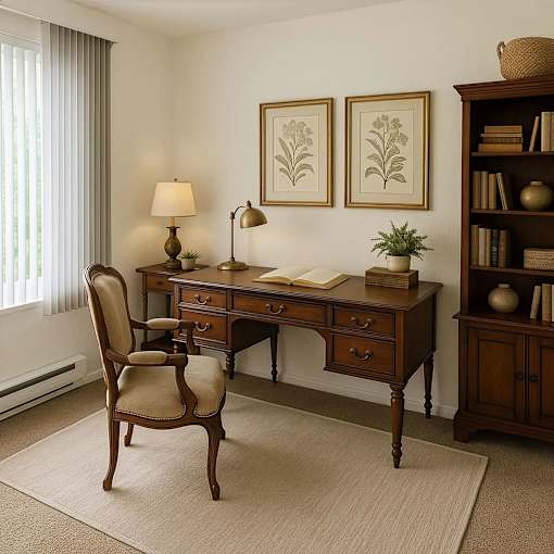 A room with a desk, chair, and two framed pictures on the wall.