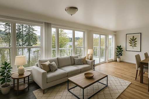 A living room with a couch, coffee table, and large windows.