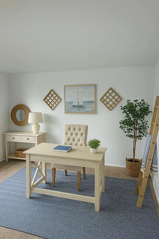 A white chair sits at a table with a blue book on it.