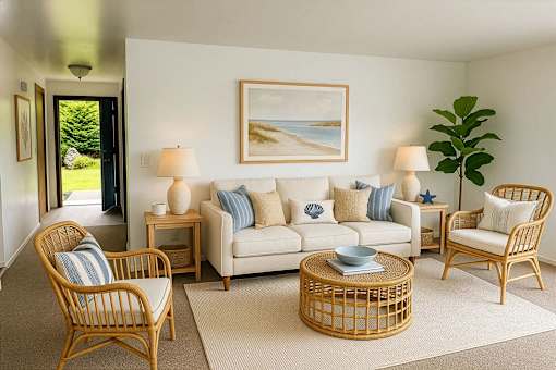 A living room with a white couch, two chairs, and a table with a blue bowl on it.