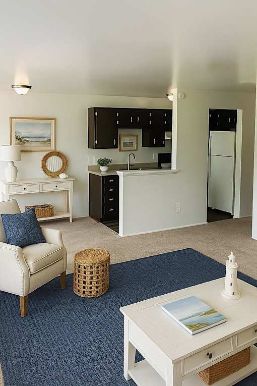 A white chair with a blue pillow sits in a room with a white dresser and a white coffee table.