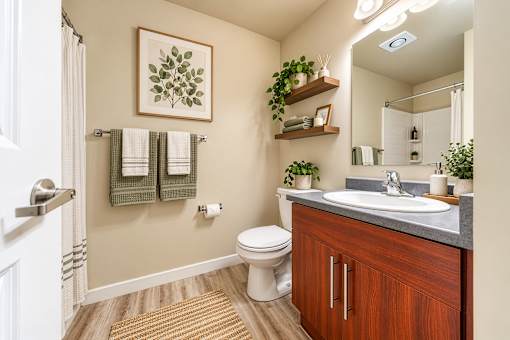 A bathroom with a toilet, sink, and a mirror.