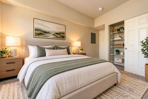 A bedroom with a large bed and a painting on the wall.