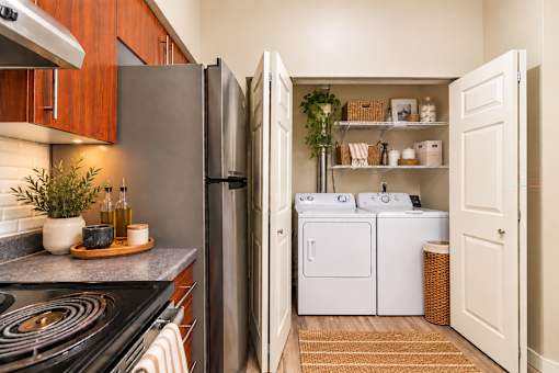 A kitchen with a refrigerator, oven, and a small potted plant on the counter.