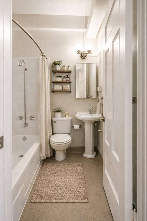 A white bathroom with a toilet, sink, and bathtub.