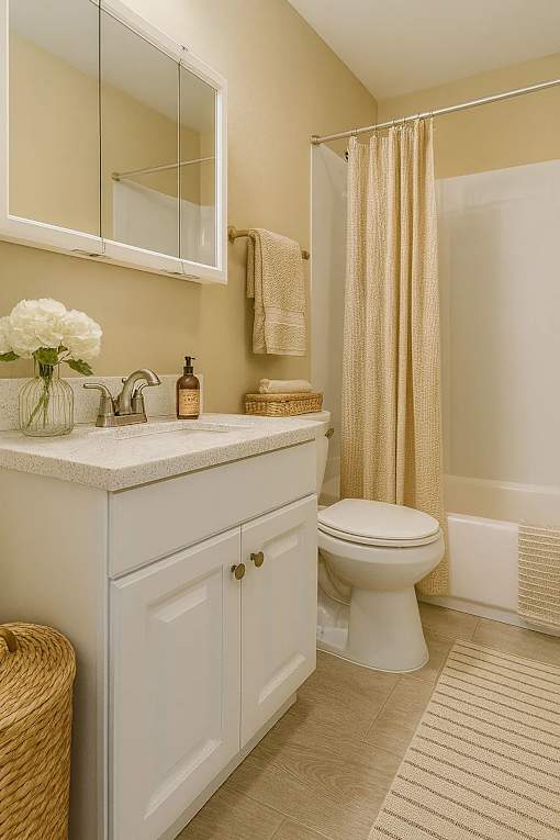 A white bathroom with a toilet, sink, and shower.