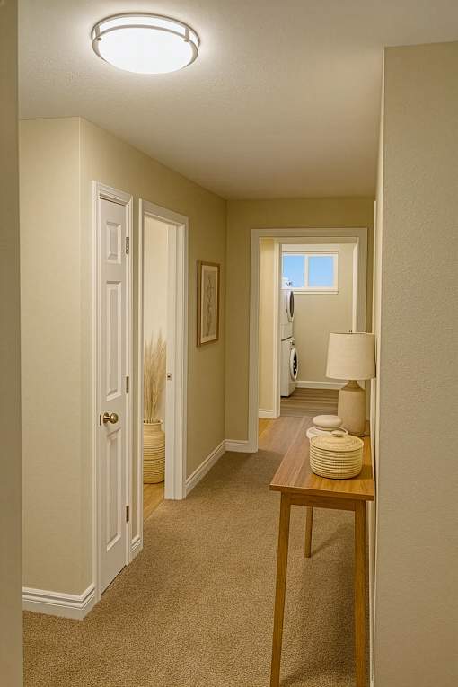 A hallway with a table and a lamp.