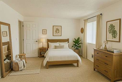 A bedroom with a large bed, a nightstand, and a dresser.
