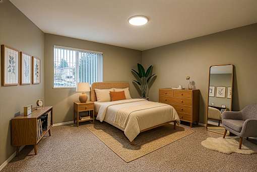 A bedroom with a bed, nightstand, and chair.