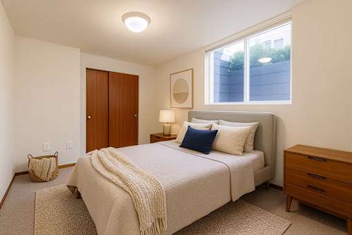 A bedroom with a bed, nightstand, and window.