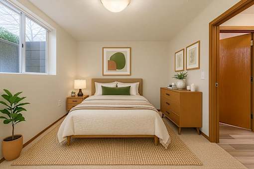 A bedroom with a bed, nightstand, and plant.