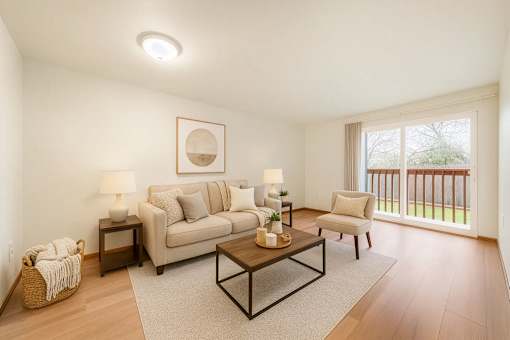 A living room with a couch, chair, and coffee table.