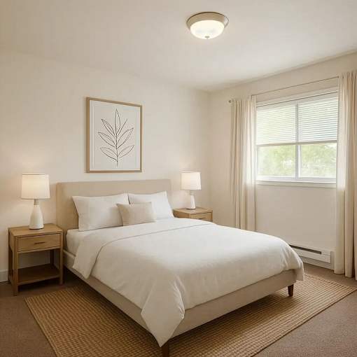 A bedroom with a large bed, two lamps, and a framed picture on the wall.