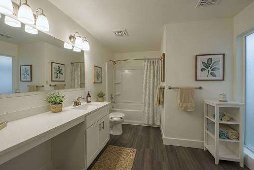 A bathroom with a white counter and a white toilet.