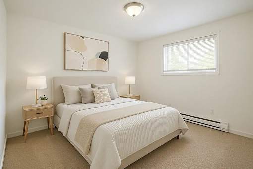 A bedroom with a large bed and a painting on the wall.