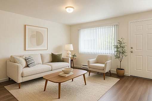 A living room with a couch, chair, and table.