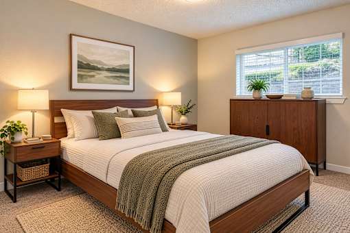 A bedroom with a large bed and a painting on the wall.