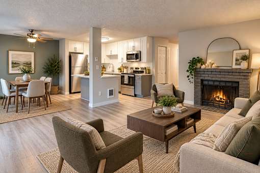 A living room with a fireplace and a dining table.