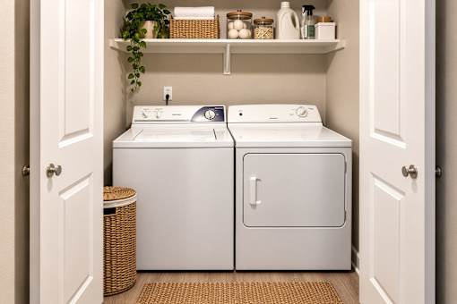 A white washing machine and dryer in a small laundry room.