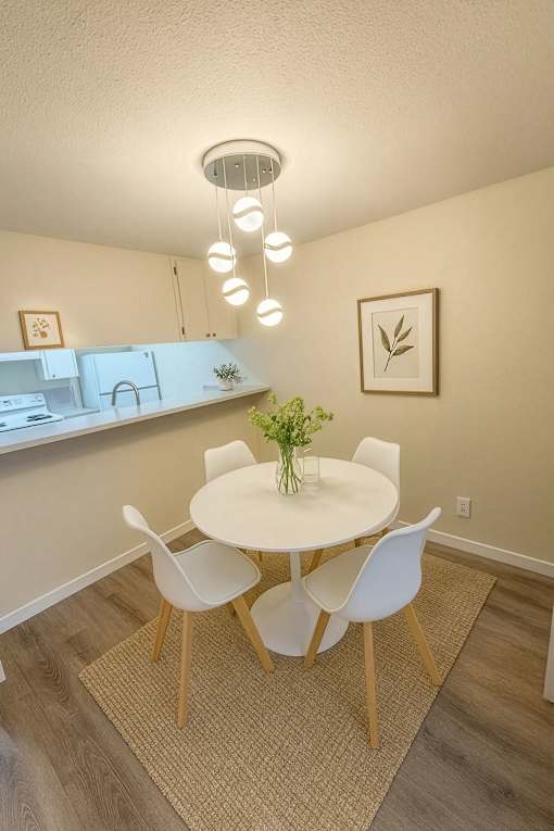 A dining room with a white table and chairs.