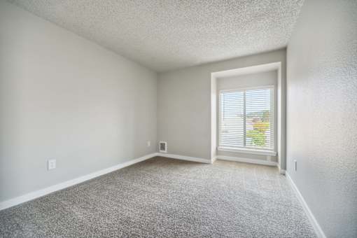 A room with a window and carpeted floor.