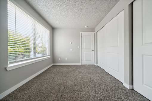 A room with white doors and carpeted floor.