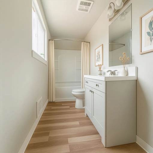 A bathroom with a white vanity and a walk-in shower.