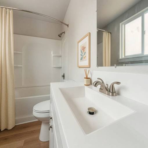 A white bathroom with a toilet, sink, and shower.