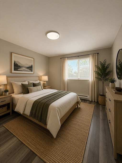 A bedroom with a large bed and a painting on the wall.