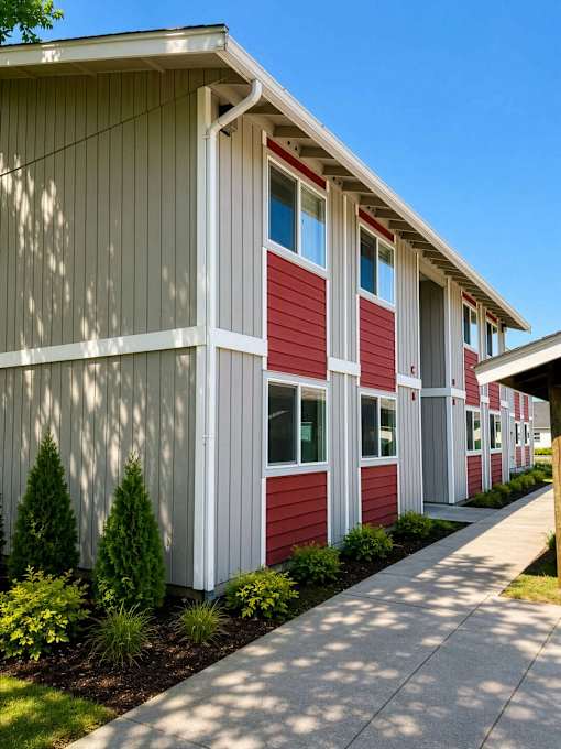 A long building with red and white siding.