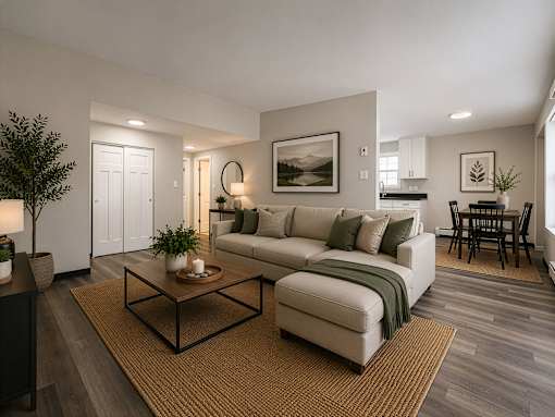 A living room with a couch, coffee table, and a potted plant.