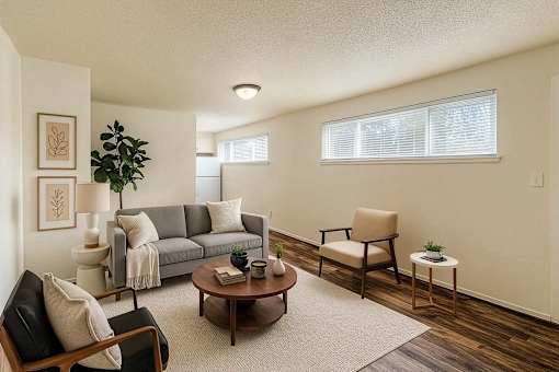 A living room with a grey couch, a brown armchair, a wooden coffee table, and a potted plant.