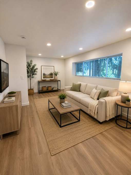 A modern living room with a white sofa and a wooden floor.