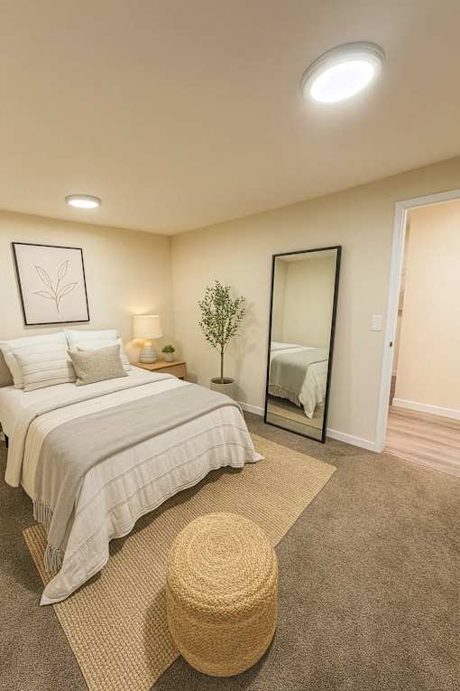 A bedroom with a bed, mirror, and lamp.