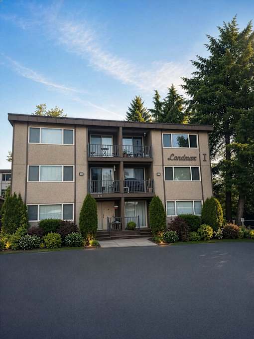 The image shows a multi-story apartment building named "Lorimer 1" with a parking lot in front and trees in the background.
