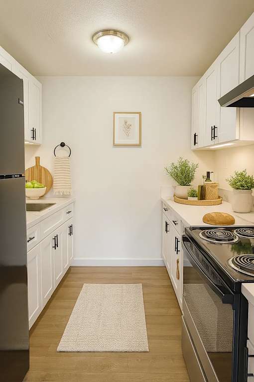 A kitchen with a black fridge and stove top oven.
