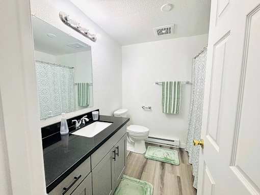 A bathroom with a sink, toilet, and a mirror.