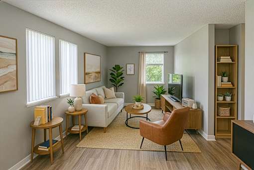A living room with a white couch, a brown chair, and a television.