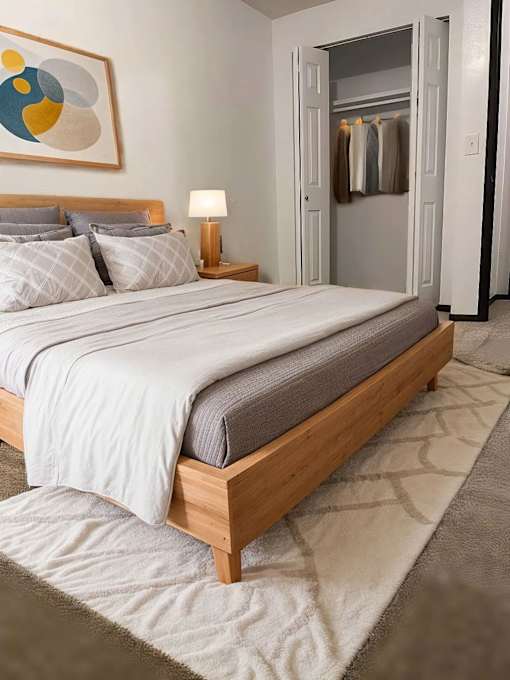 A bed with a wooden frame and a grey blanket is in the foreground with a painting on the wall and a lamp on the side table.