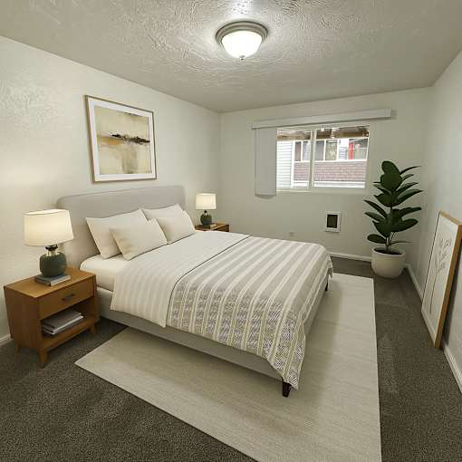 A bedroom with a bed, nightstand, and a plant.